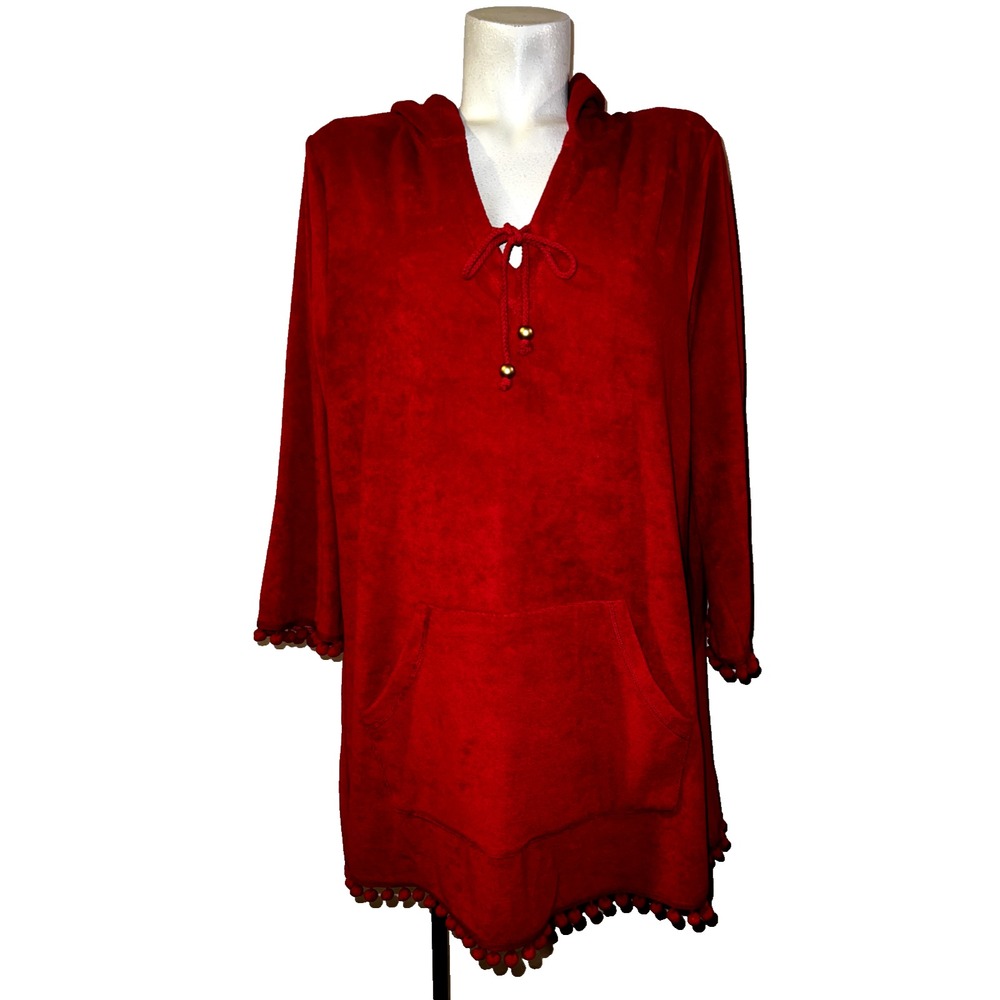 Soft Surroundings Red Terry Cloth Pom Pom Hooded Tunic Coverup 1X 54722